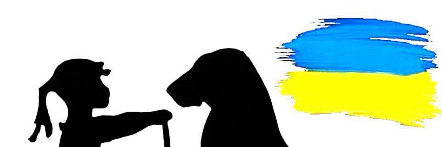 Shelter logo made up of silhouettes of a dog sitting facing a little girl that is holding an umbrella, with blue and yellow paint in the background