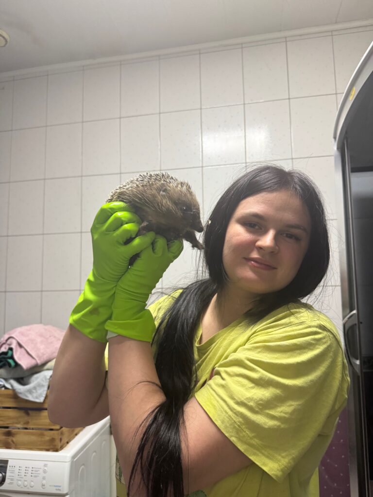 A woman holding an adult hedgehog